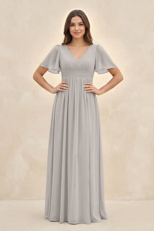 Short Sleeve Chiffon V - Neck A - Line Bridesmaid Dress in Silver - KISS BRIDAL Bridesmaid Dresses