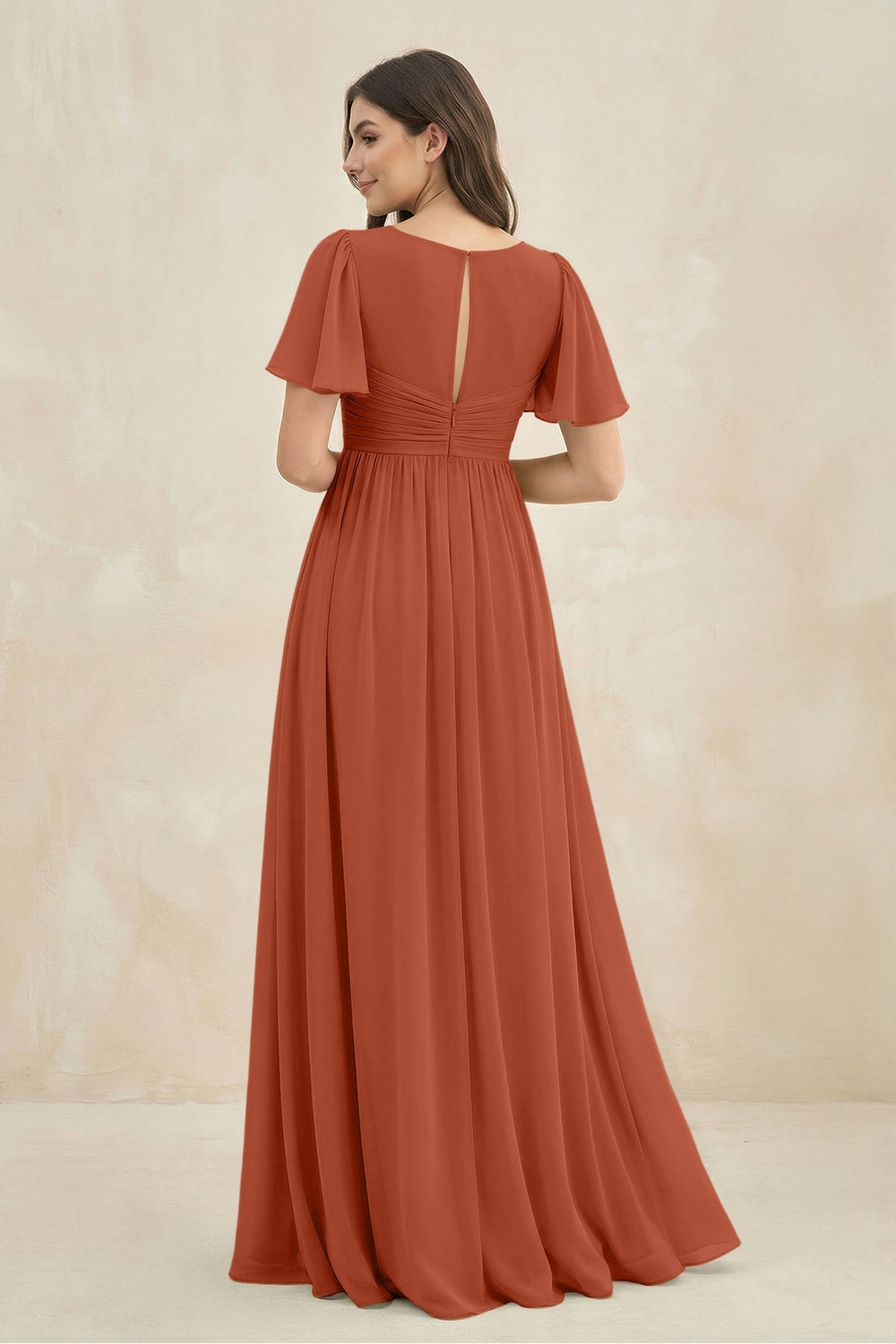 Short Sleeve Chiffon V-Neck A-Line Bridesmaid Dress in Spice