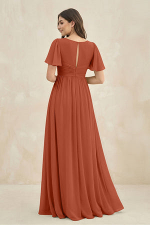 Short Sleeve Chiffon V - Neck A - Line Bridesmaid Dress in Spice - KISS BRIDAL Bridesmaid Dresses
