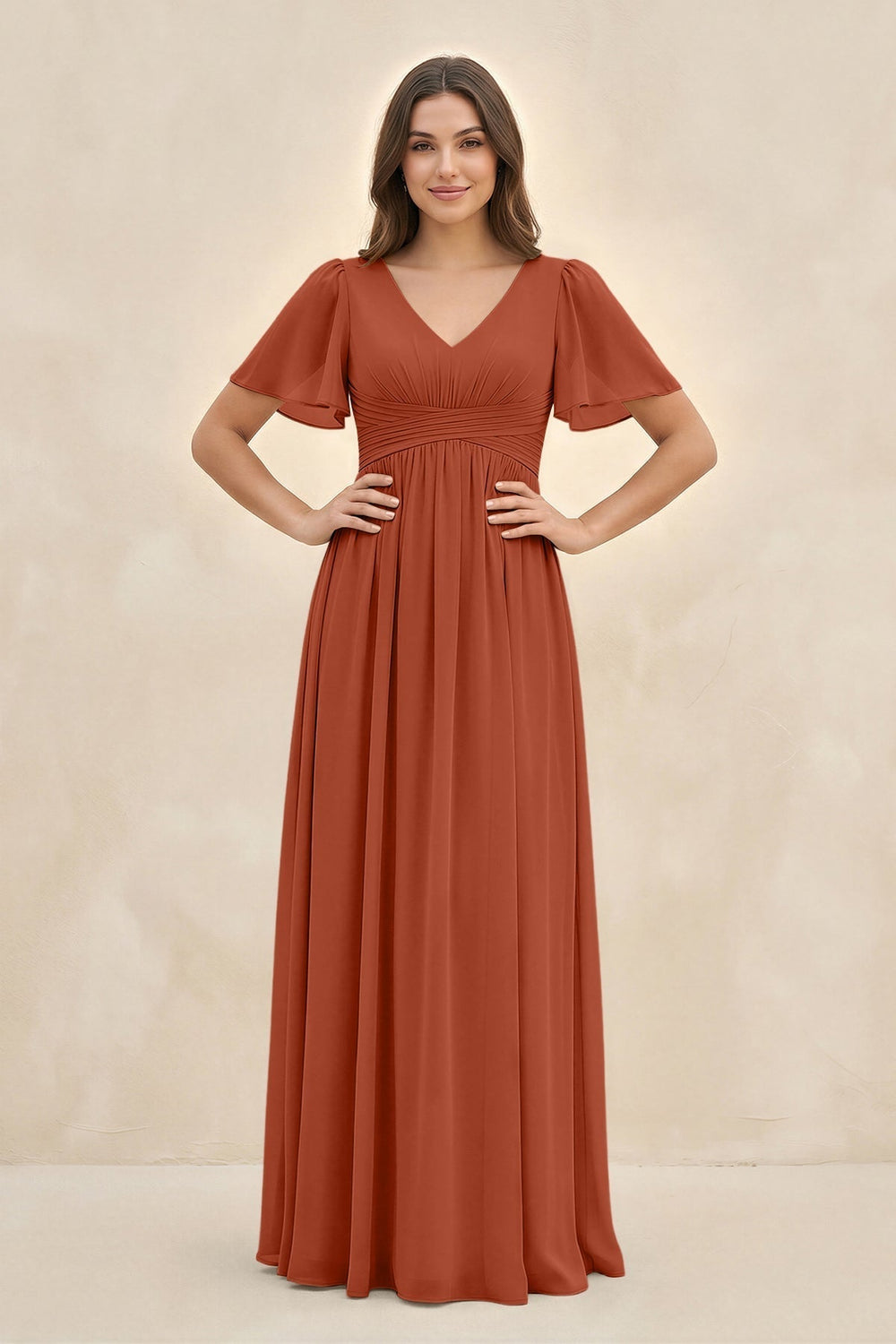 Short Sleeve Chiffon V-Neck A-Line Bridesmaid Dress in Spice
