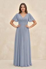 Short Sleeve Chiffon V - Neck A - Line Bridesmaid Dress in Twilight - KISS BRIDAL Bridesmaid Dresses