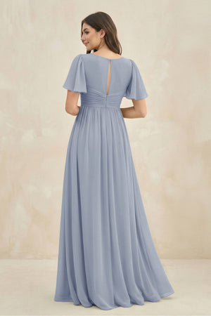 Short Sleeve Chiffon V - Neck A - Line Bridesmaid Dress in Twilight - KISS BRIDAL Bridesmaid Dresses