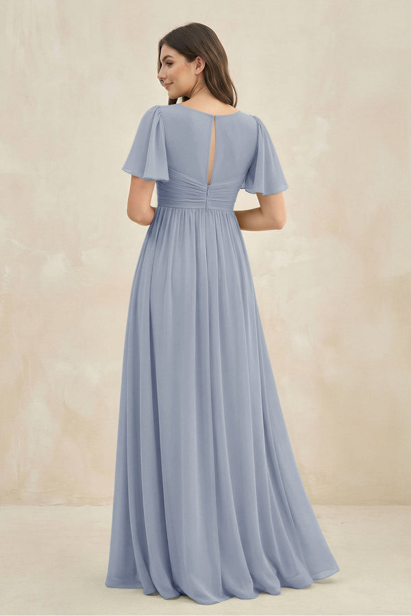 Short Sleeve Chiffon V - Neck A - Line Bridesmaid Dress in Twilight - KISS BRIDAL Bridesmaid Dresses