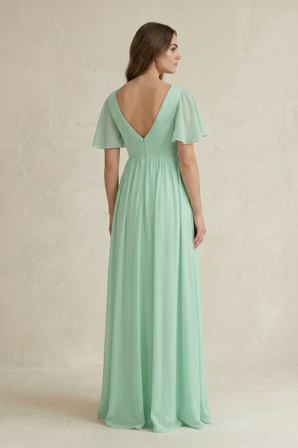 Short Sleeve V-Neck A-Line Chiffon Bridesmaid Dress in Pale Pistachio - KISS BRIDAL BRIDESMAID DRESSES