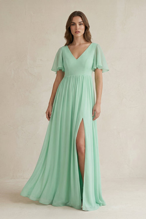 Short Sleeve V-Neck A-Line Chiffon Bridesmaid Dress in Pale Pistachio - KISS BRIDAL BRIDESMAID DRESSES