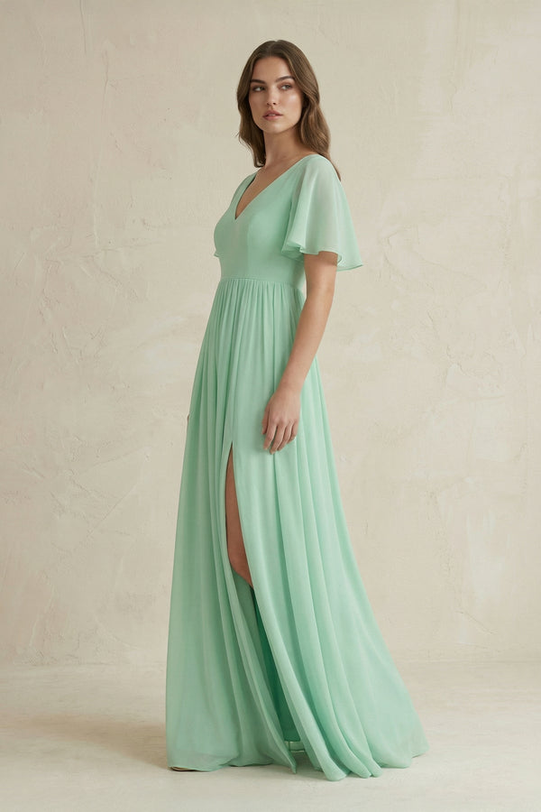 Short Sleeve V-Neck A-Line Chiffon Bridesmaid Dress in Pale Pistachio - KISS BRIDAL BRIDESMAID DRESSES