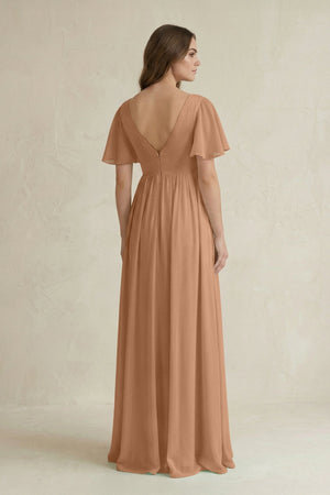 Short Sleeve V - Neck A - Line Chiffon Bridesmaid Dress in Bronzer - KISS BRIDAL Bridesmaid Dresses