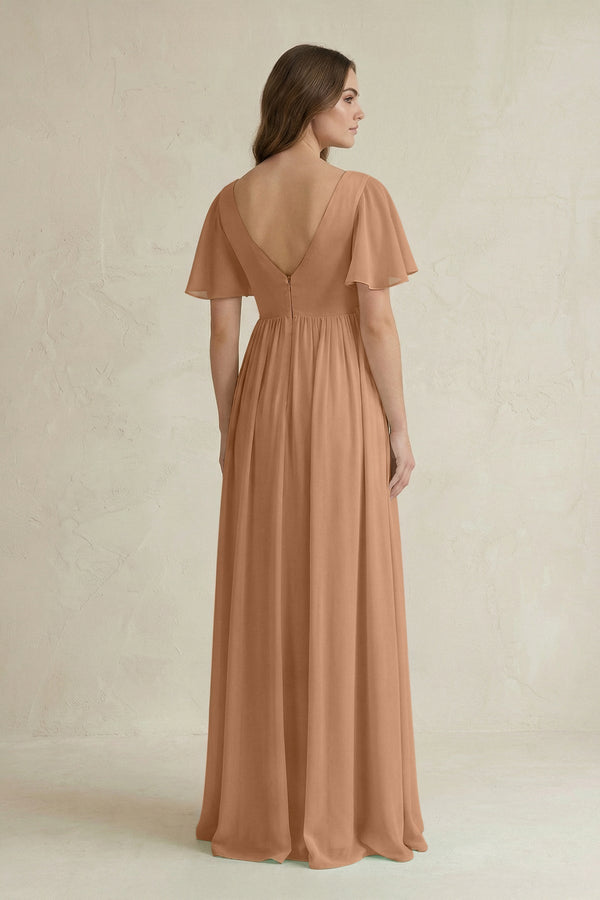Short Sleeve V - Neck A - Line Chiffon Bridesmaid Dress in Bronzer - KISS BRIDAL Bridesmaid Dresses