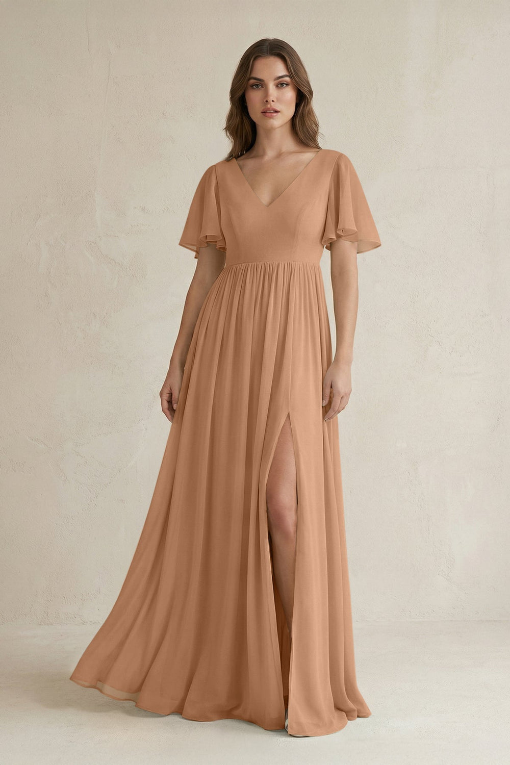 Short Sleeve V-Neck A-Line Chiffon Bridesmaid Dress in Bronzer