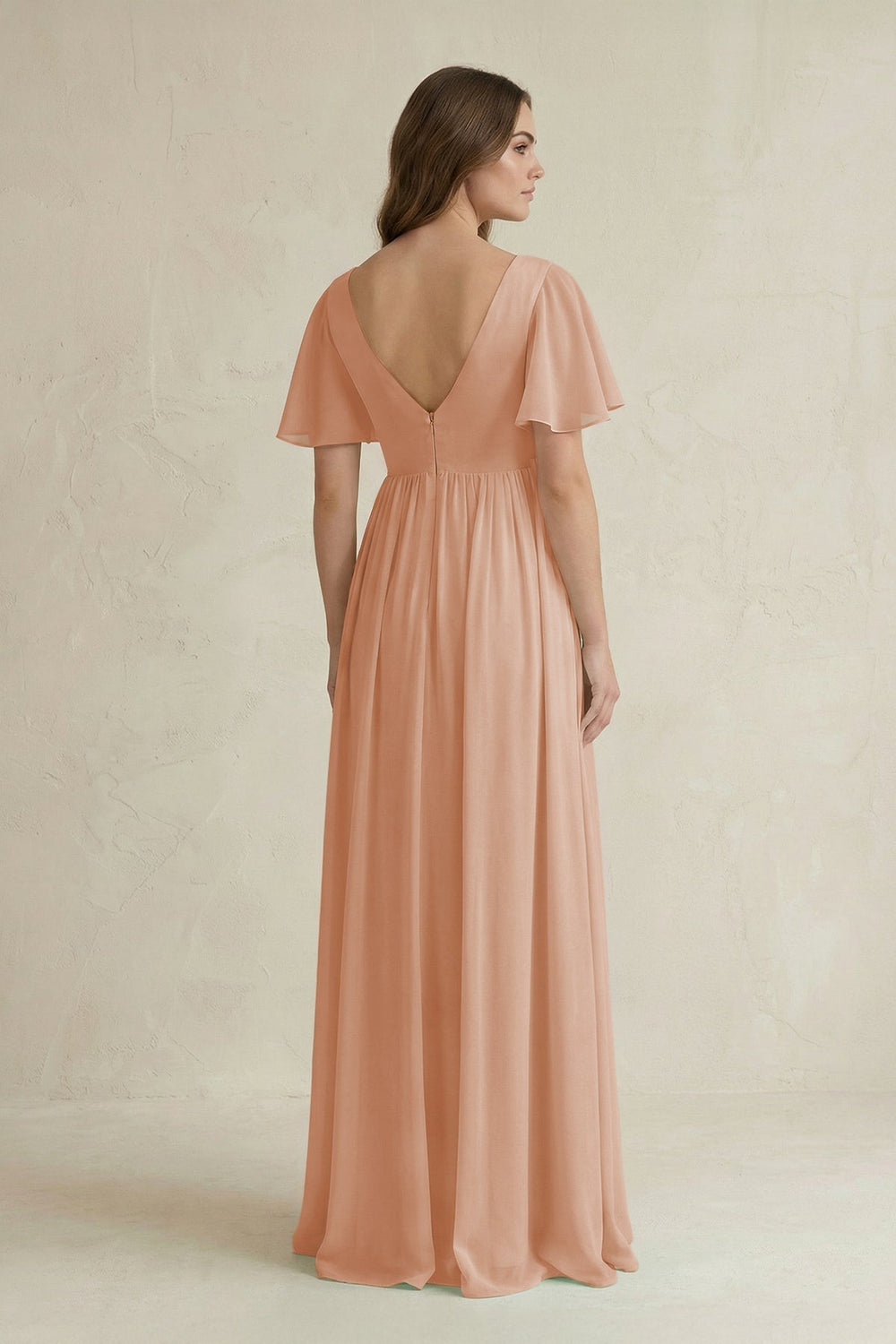 Short Sleeve V-Neck A-Line Chiffon Bridesmaid Dress in Champagne Rose