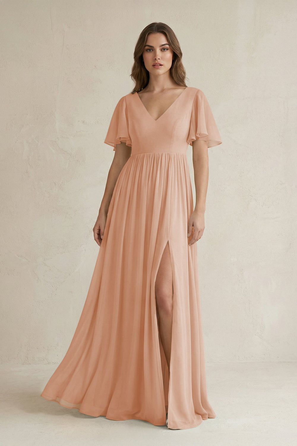Short Sleeve V-Neck A-Line Chiffon Bridesmaid Dress in Champagne Rose