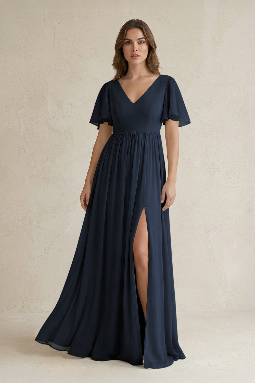 Short Sleeve V-Neck A-Line Chiffon Bridesmaid Dress in Dark Navy