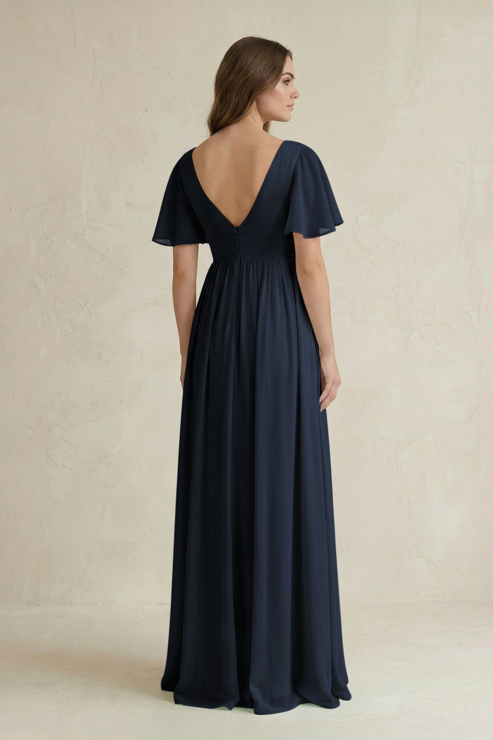 Short Sleeve V-Neck A-Line Chiffon Bridesmaid Dress in Dark Navy