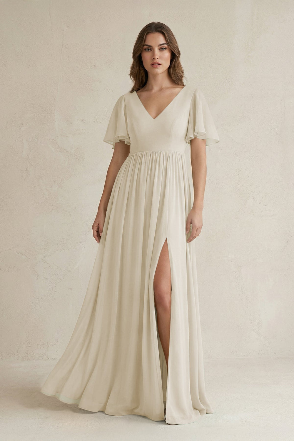 Short Sleeve V-Neck A-Line Chiffon Bridesmaid Dress in Dove Gray