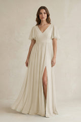 Short Sleeve V - Neck A - Line Chiffon Bridesmaid Dress in Dove Gray - KISS BRIDAL Bridesmaid Dresses