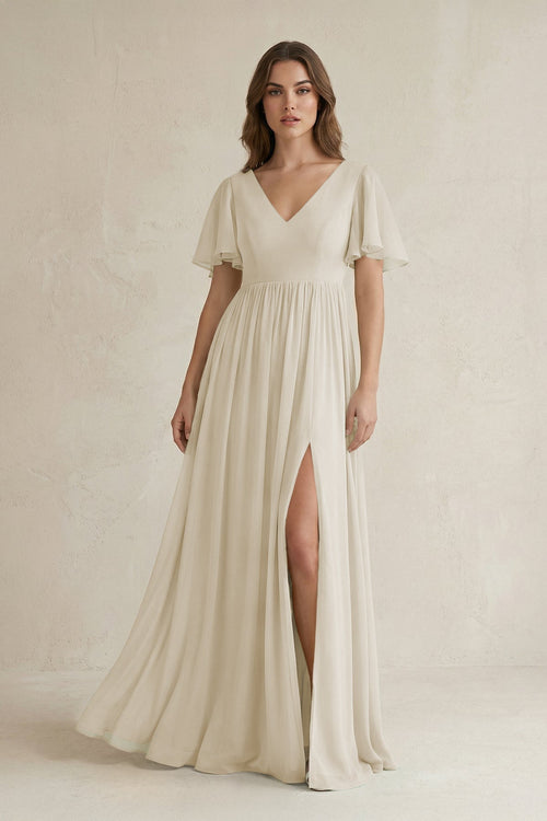 Short Sleeve V - Neck A - Line Chiffon Bridesmaid Dress in Dove Gray - KISS BRIDAL Bridesmaid Dresses