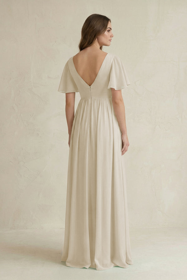 Short Sleeve V - Neck A - Line Chiffon Bridesmaid Dress in Dove Gray - KISS BRIDAL Bridesmaid Dresses