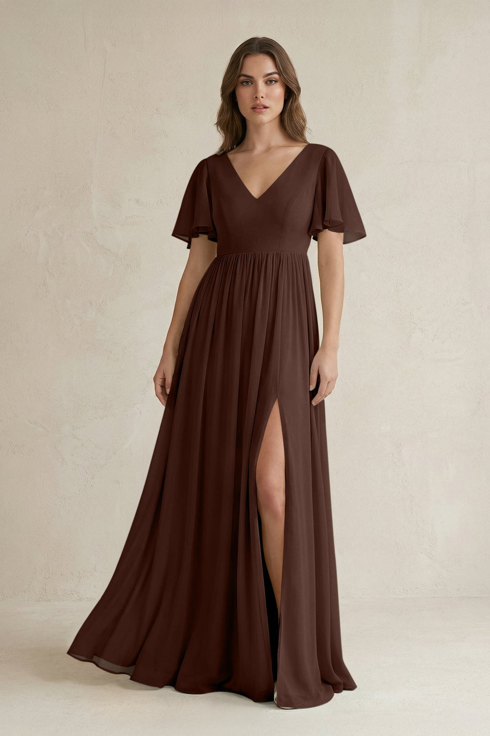 Short Sleeve V-Neck A-Line Chiffon Bridesmaid Dress in Espresso