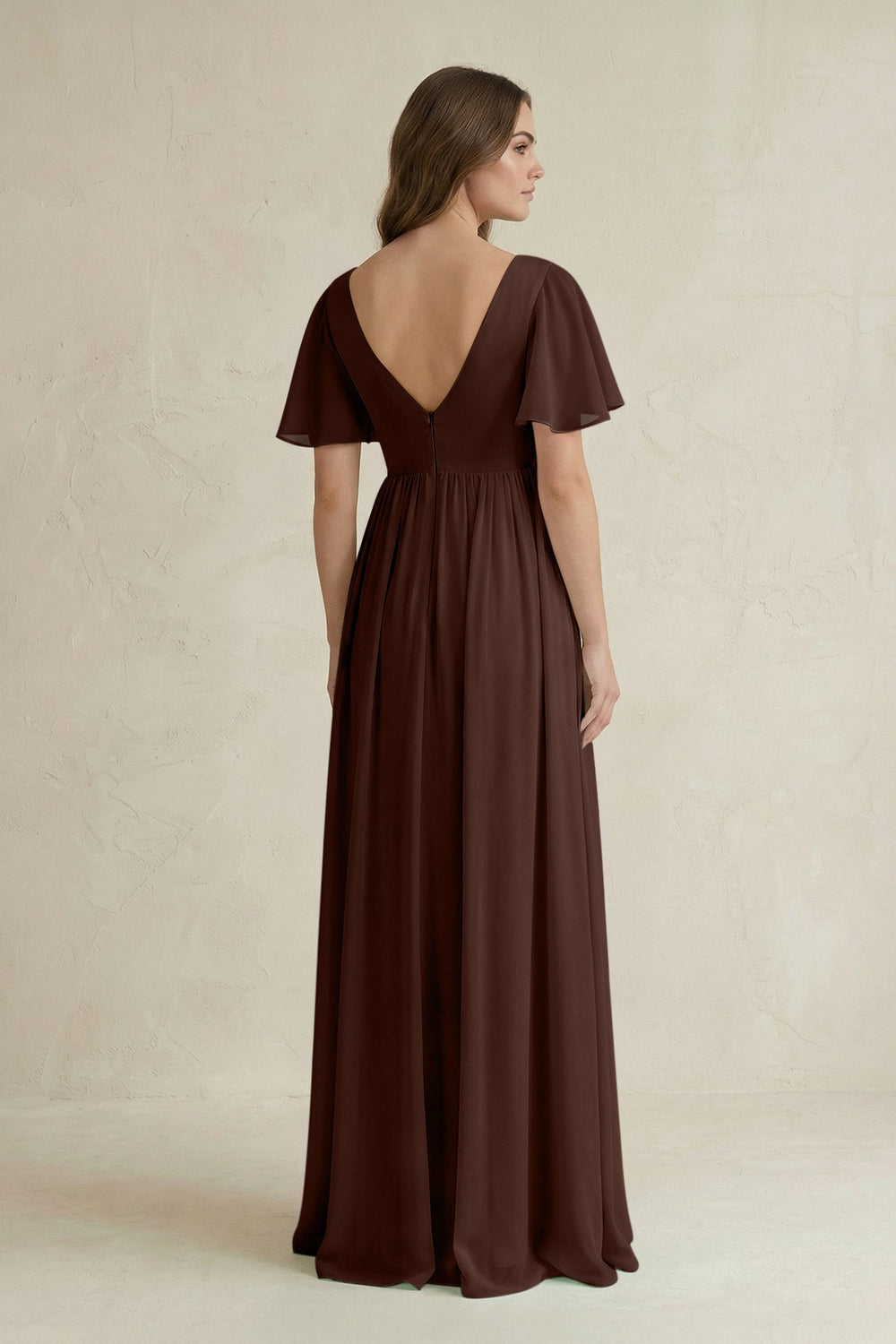 Short Sleeve V-Neck A-Line Chiffon Bridesmaid Dress in Espresso
