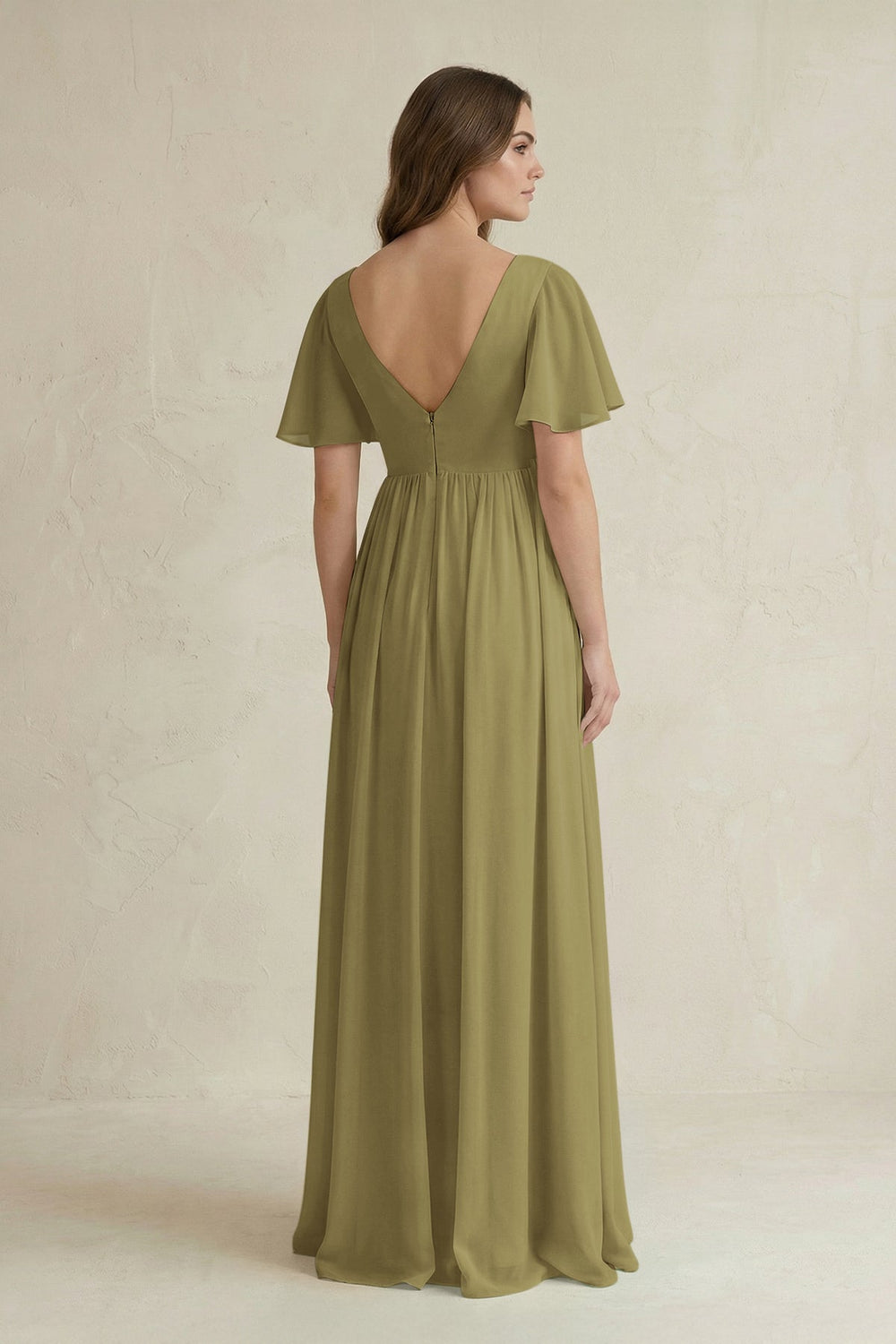 Short Sleeve V-Neck A-Line Chiffon Bridesmaid Dress in Moss Green