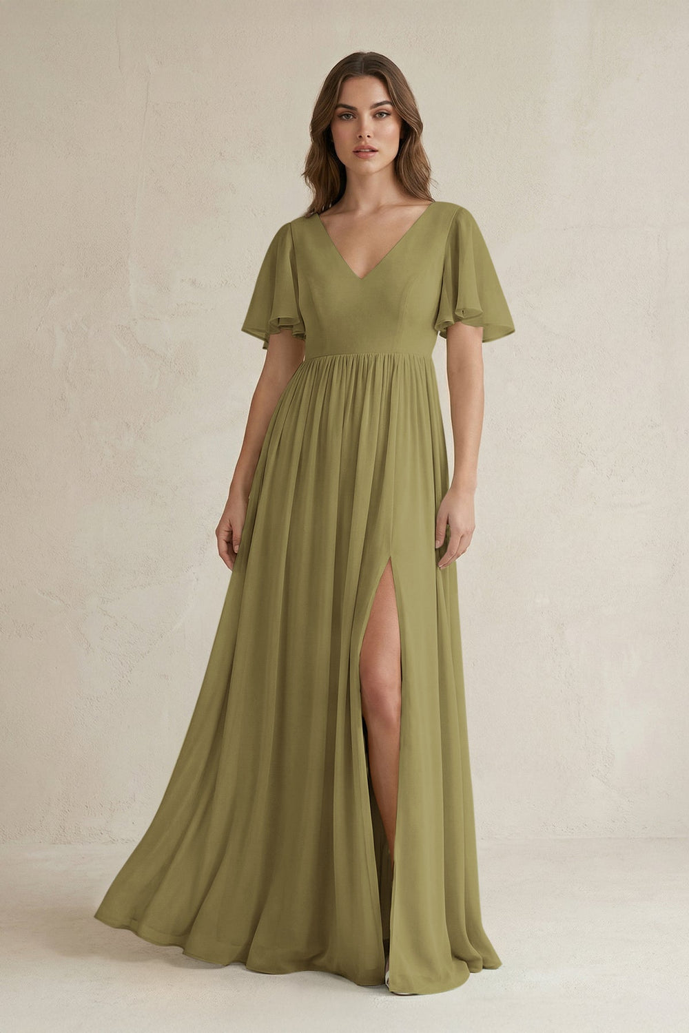 Short Sleeve V-Neck A-Line Chiffon Bridesmaid Dress in Moss Green