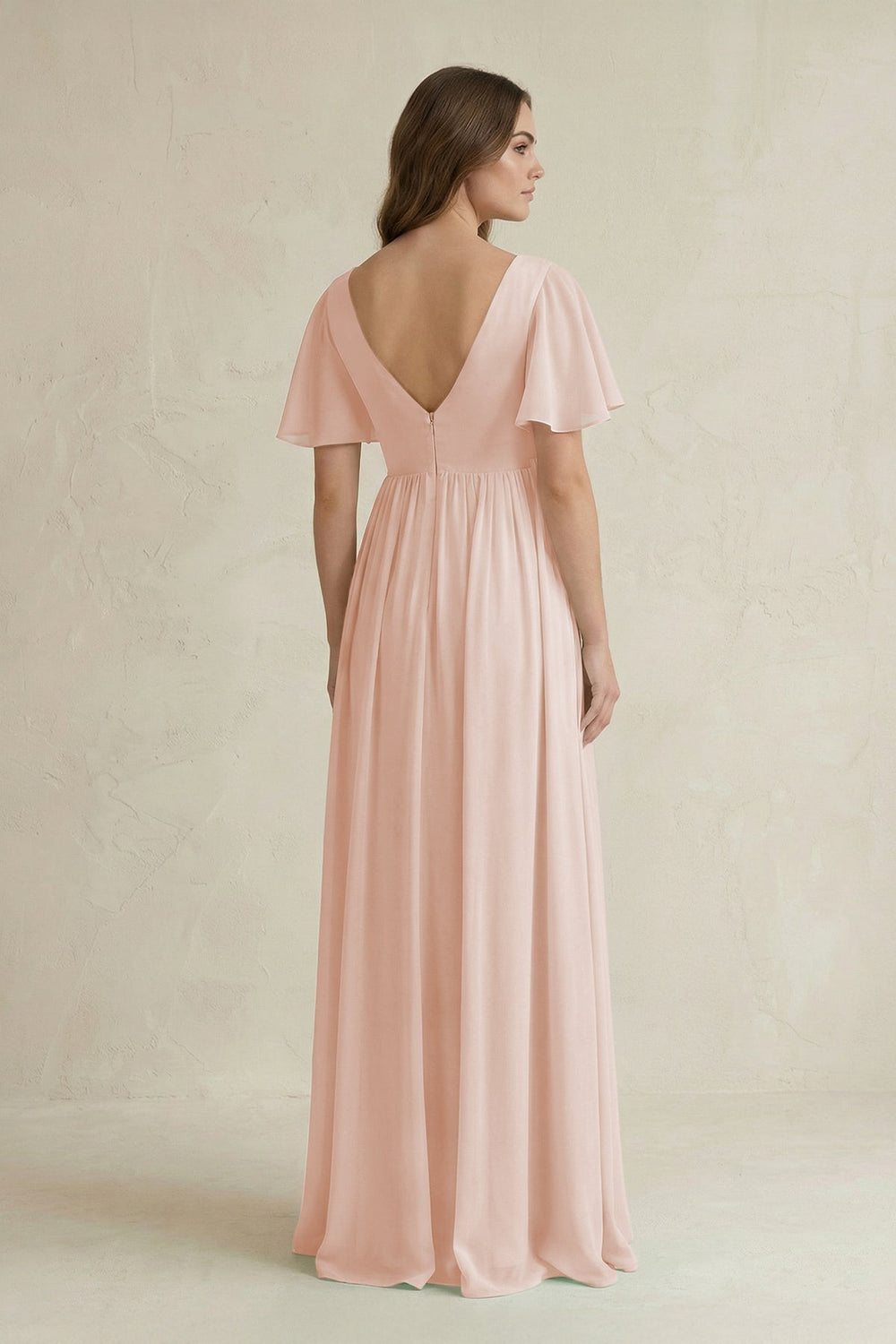 Short Sleeve V-Neck A-Line Chiffon Bridesmaid Dress in Pale Blush