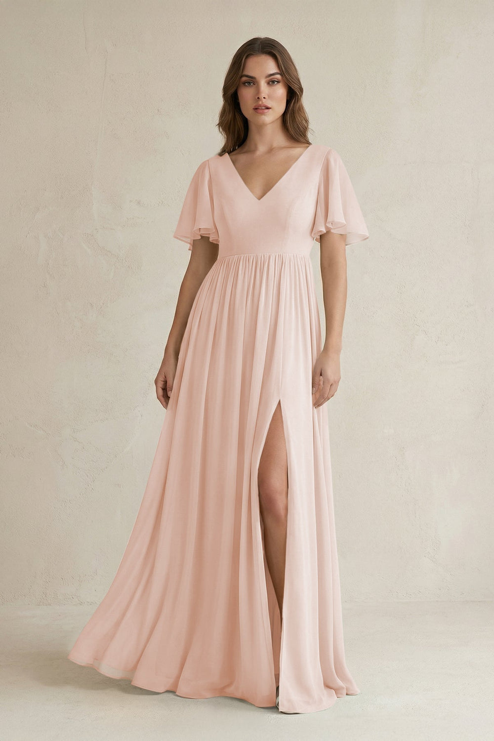 Short Sleeve V-Neck A-Line Chiffon Bridesmaid Dress in Pale Blush