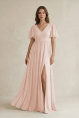 Short Sleeve V - Neck A - Line Chiffon Bridesmaid Dress in Pale Blush - KISS BRIDAL Bridesmaid Dresses