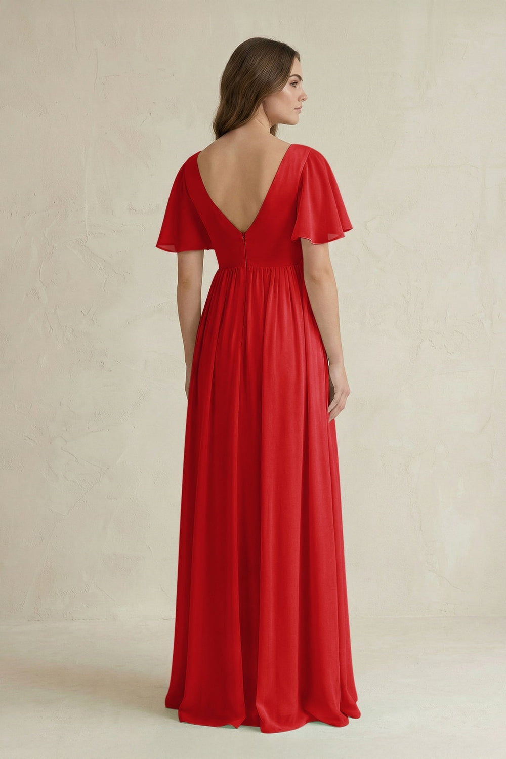 Short Sleeve V-Neck A-Line Chiffon Bridesmaid Dress in Ruby Red