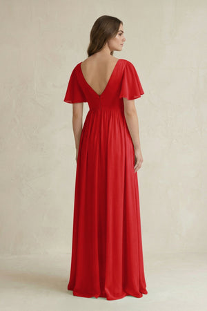 Short Sleeve V - Neck A - Line Chiffon Bridesmaid Dress in Ruby Red - KISS BRIDAL Bridesmaid Dresses