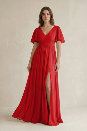 Short Sleeve V - Neck A - Line Chiffon Bridesmaid Dress in Ruby Red - KISS BRIDAL Bridesmaid Dresses