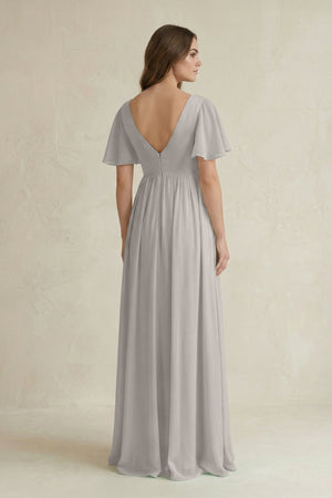 Short Sleeve V - Neck A - Line Chiffon Bridesmaid Dress in Silver - KISS BRIDAL Bridesmaid Dresses