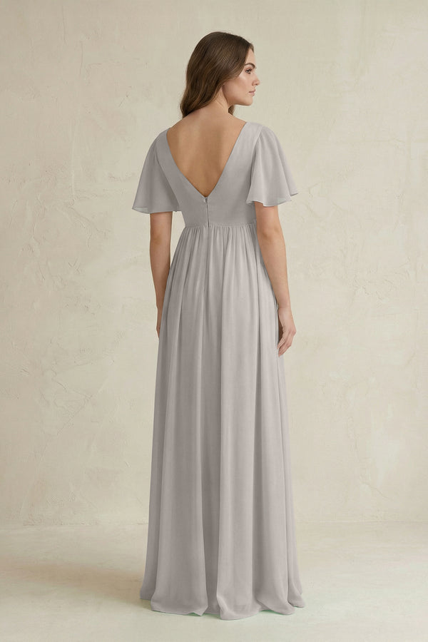 Short Sleeve V - Neck A - Line Chiffon Bridesmaid Dress in Silver - KISS BRIDAL Bridesmaid Dresses