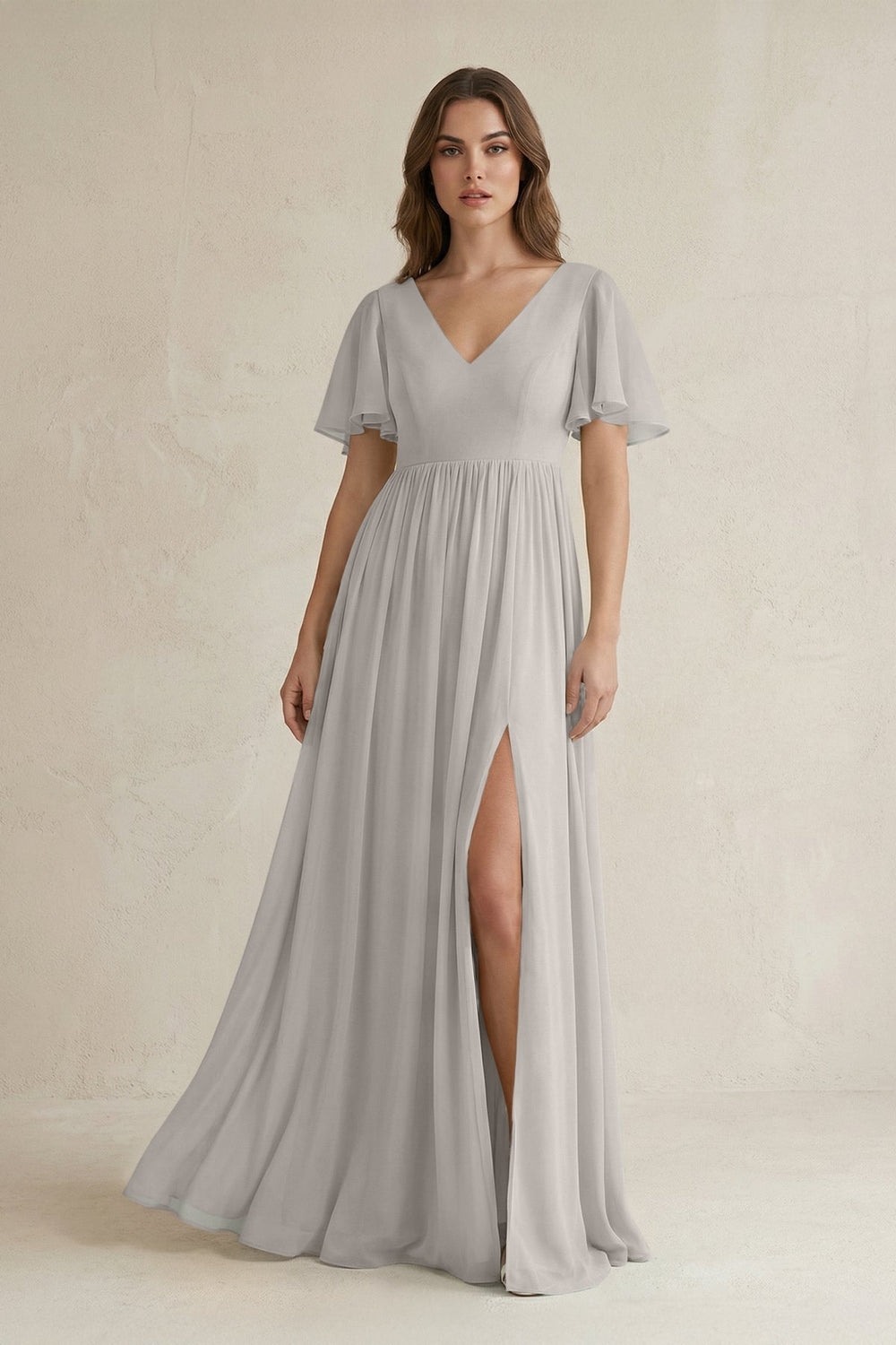 Short Sleeve V-Neck A-Line Chiffon Bridesmaid Dress in Silver
