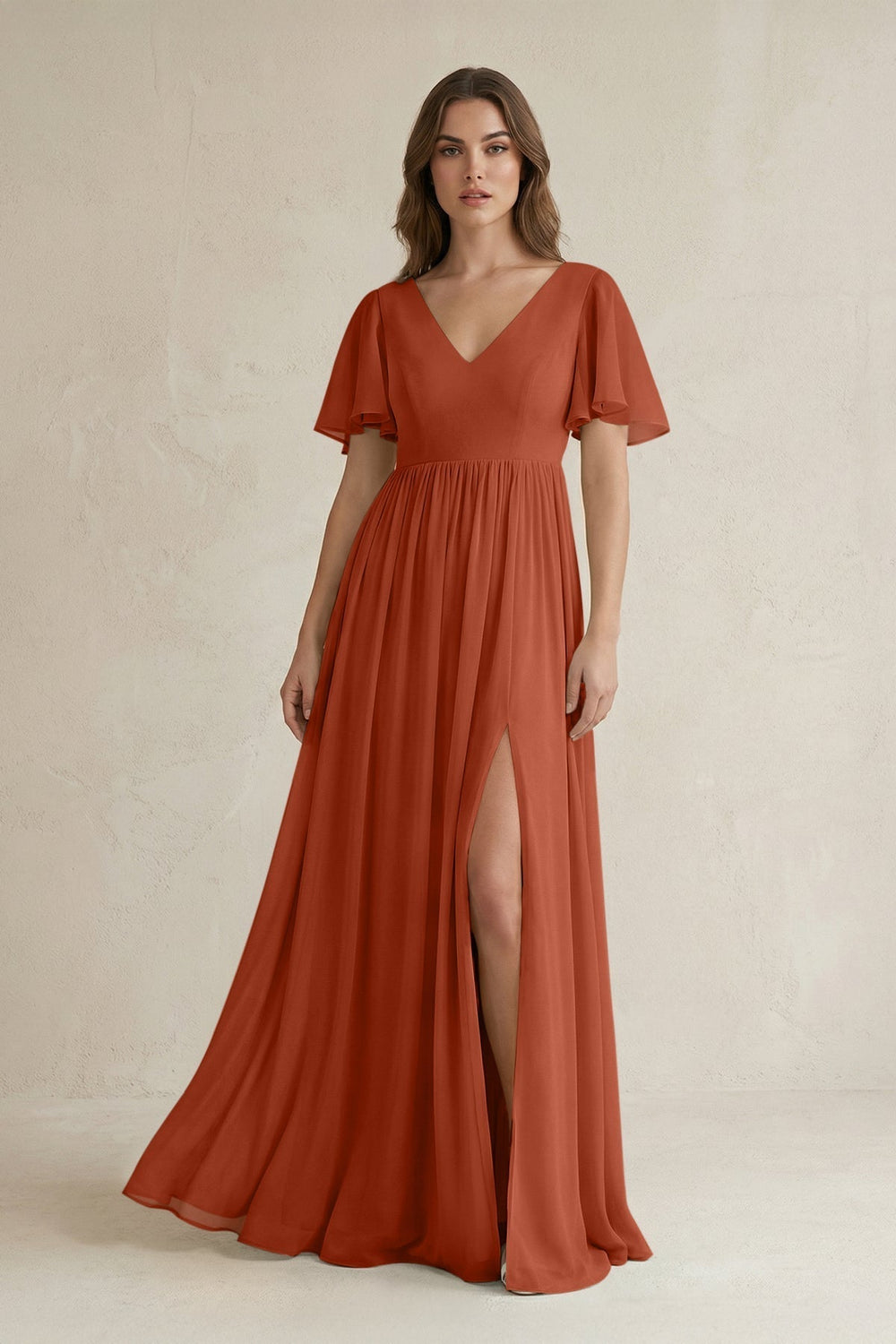 Short Sleeve V-Neck A-Line Chiffon Bridesmaid Dress in Spice