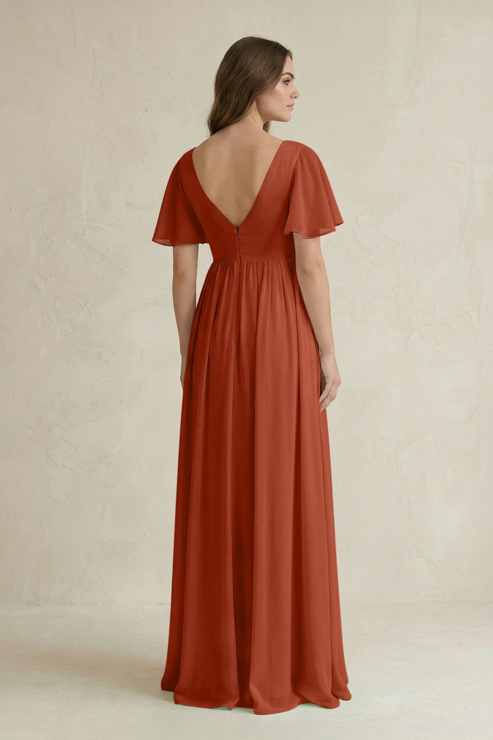Short Sleeve V-Neck A-Line Chiffon Bridesmaid Dress in Spice