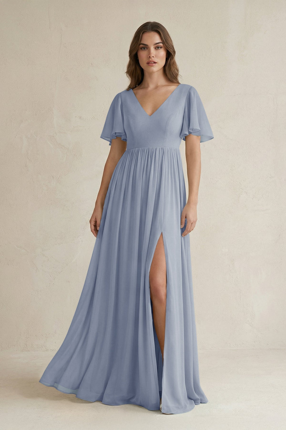 Short Sleeve V-Neck A-Line Chiffon Bridesmaid Dress in Twilight