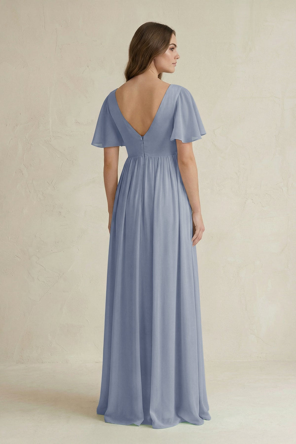 Short Sleeve V-Neck A-Line Chiffon Bridesmaid Dress in Twilight