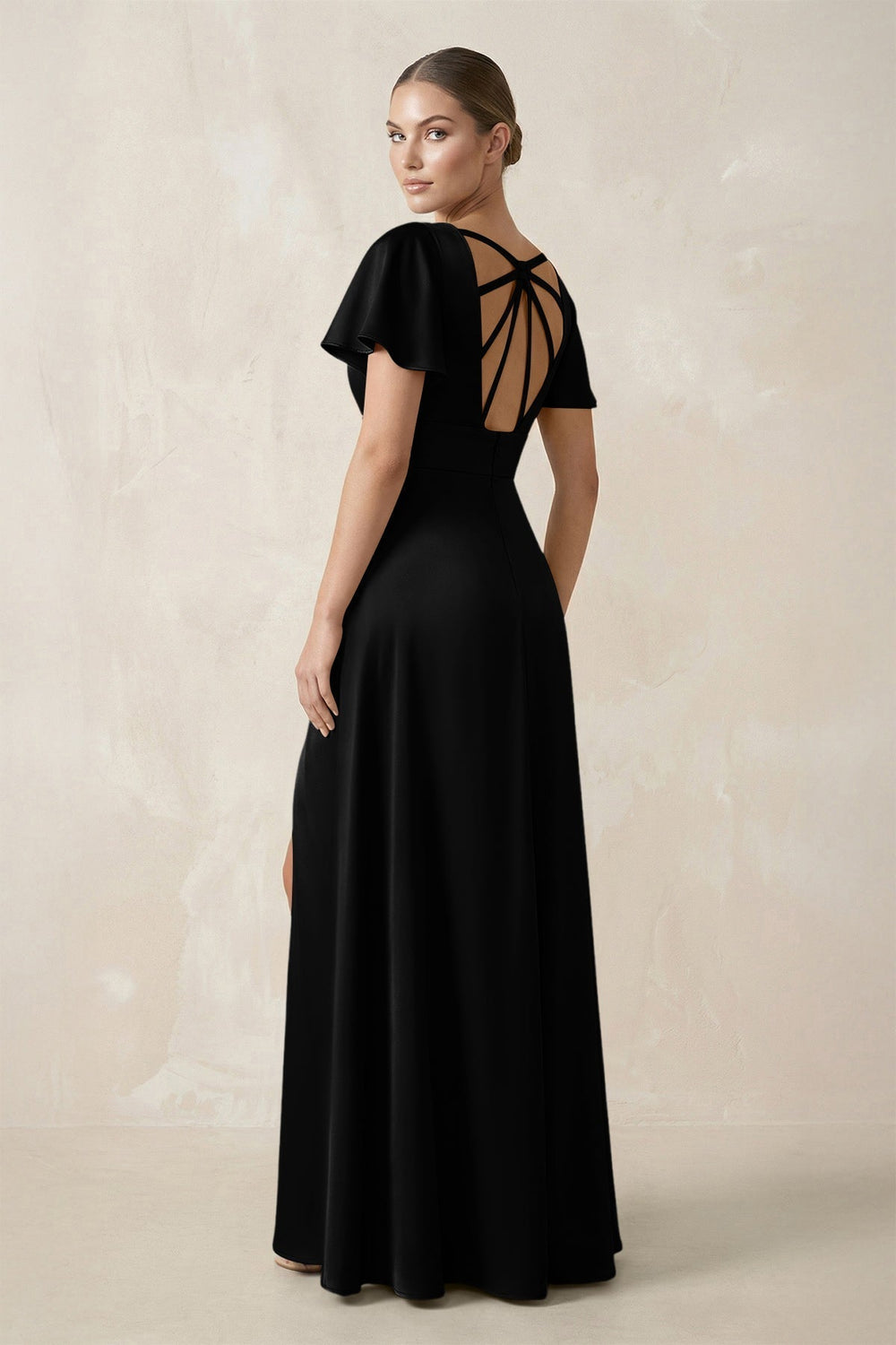 Short Sleeve V-Neck A-Line Satin Bridesmaid Dress With Slit in Black