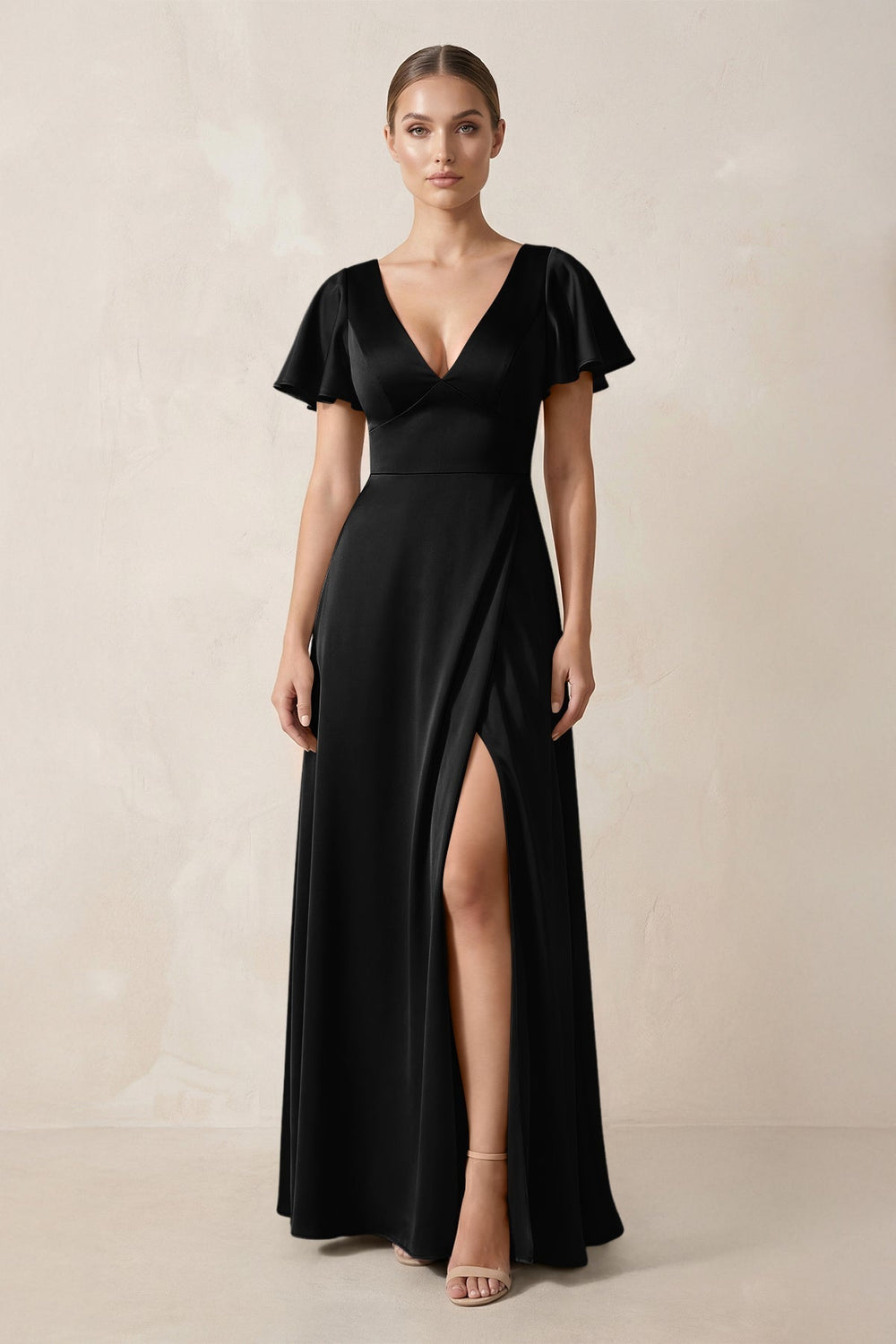 Short Sleeve V-Neck A-Line Satin Bridesmaid Dress With Slit in Black