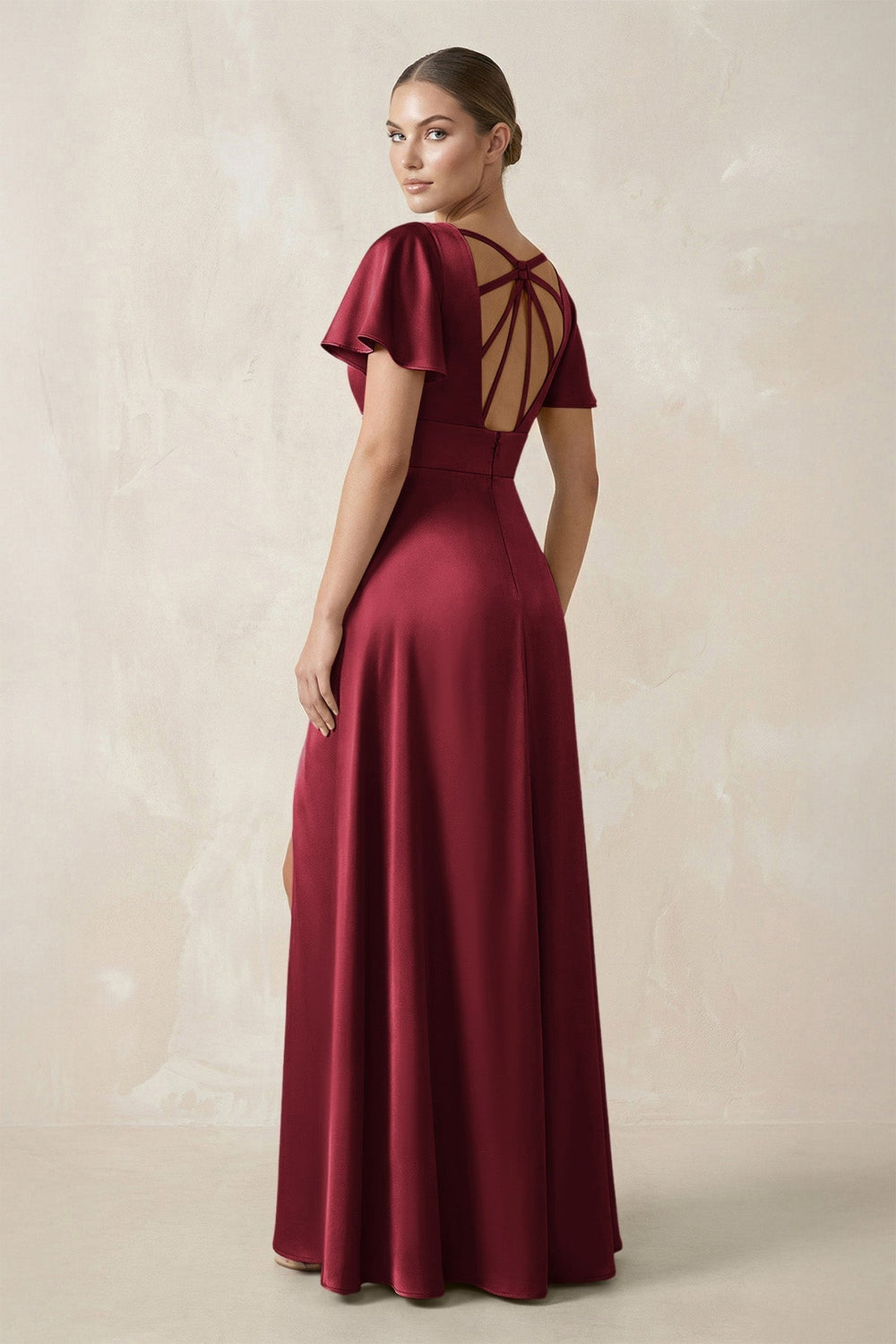 Short Sleeve V-Neck A-Line Satin Bridesmaid Dress With Slit in Burgundy
