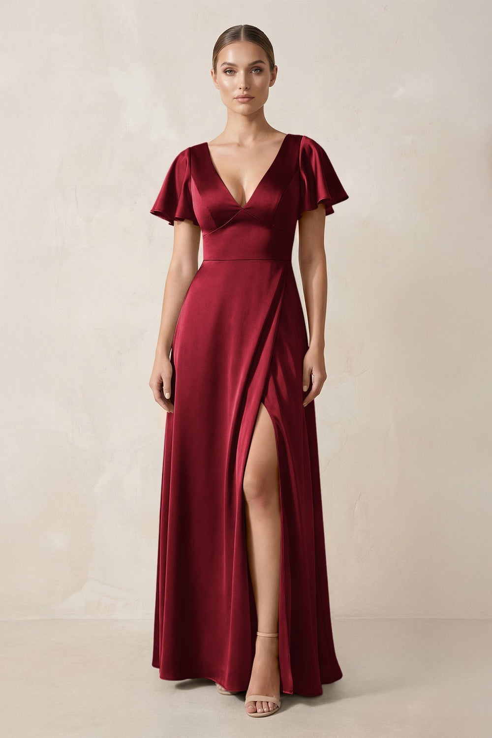 Short Sleeve V-Neck A-Line Satin Bridesmaid Dress With Slit in Burgundy