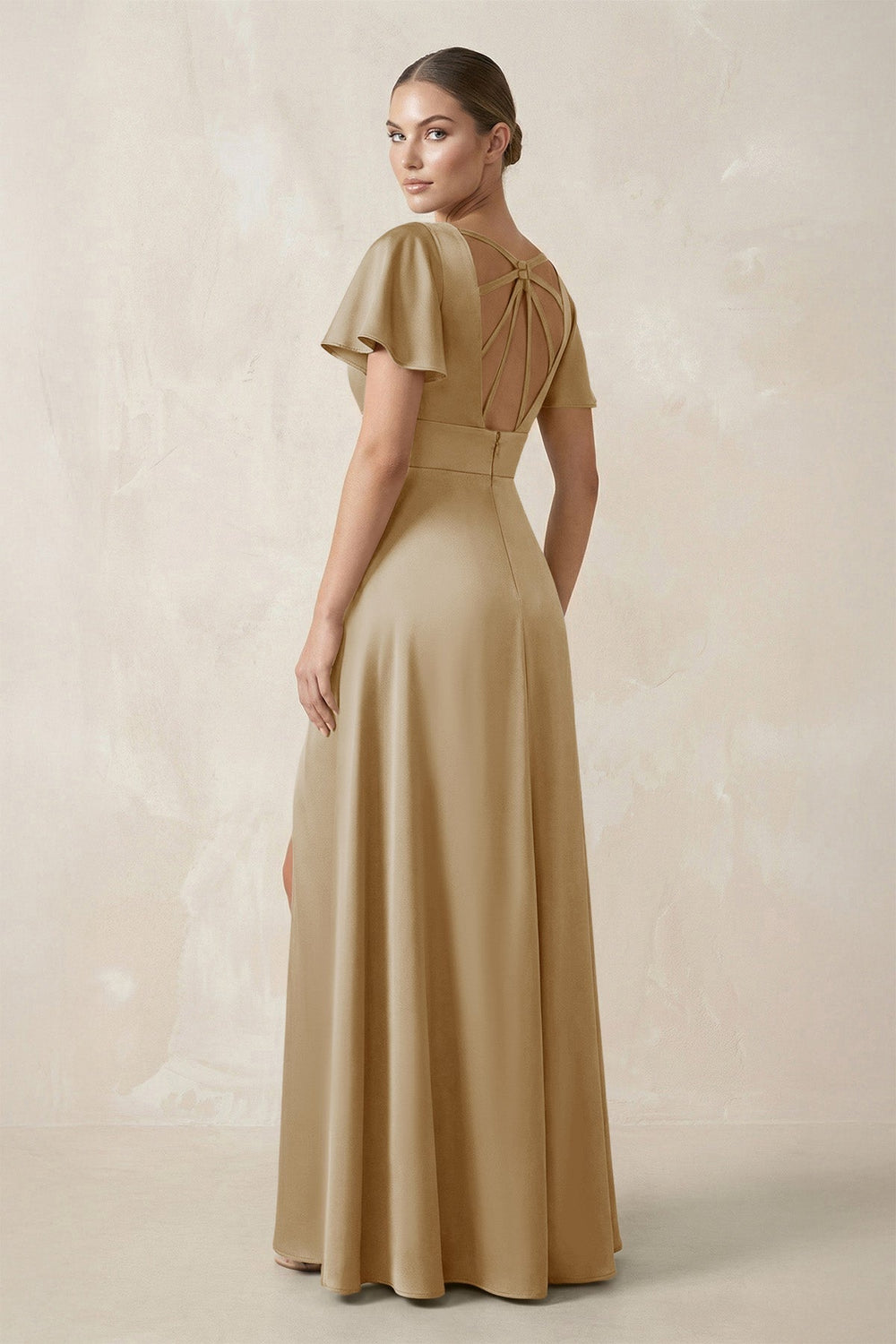 Short Sleeve V-Neck A-Line Satin Bridesmaid Dress With Slit in Champagne