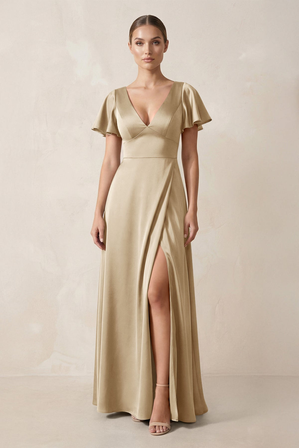 Short Sleeve V-Neck A-Line Satin Bridesmaid Dress With Slit in Champagne