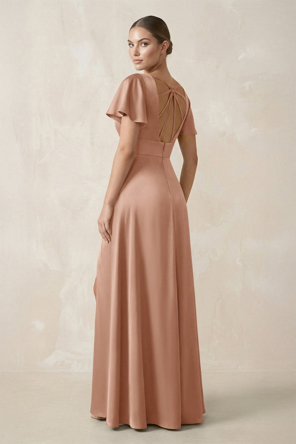 Short Sleeve V-Neck A-Line Satin Bridesmaid Dress With Slit in Champagne Rose