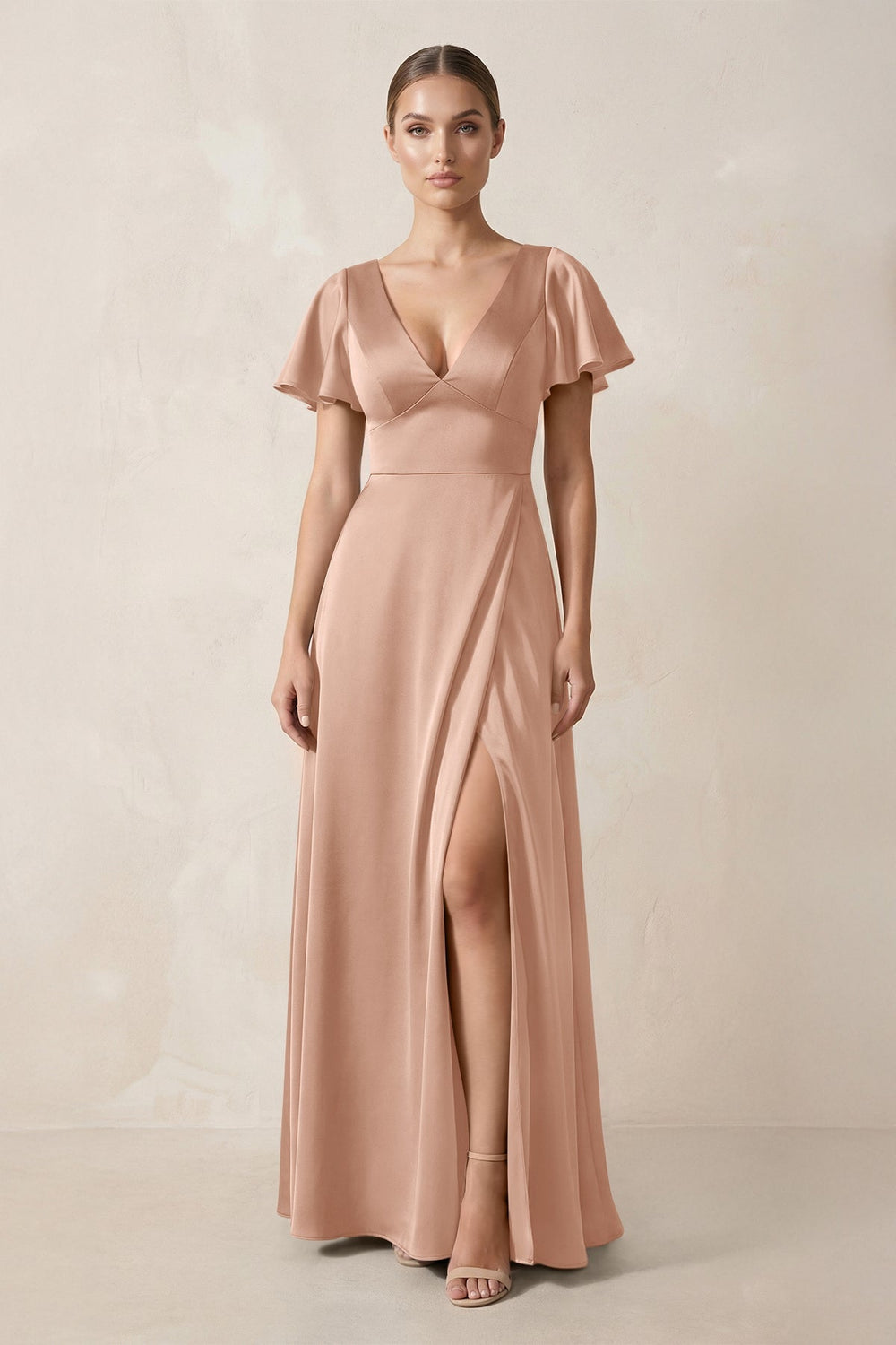 Short Sleeve V-Neck A-Line Satin Bridesmaid Dress With Slit in Champagne Rose