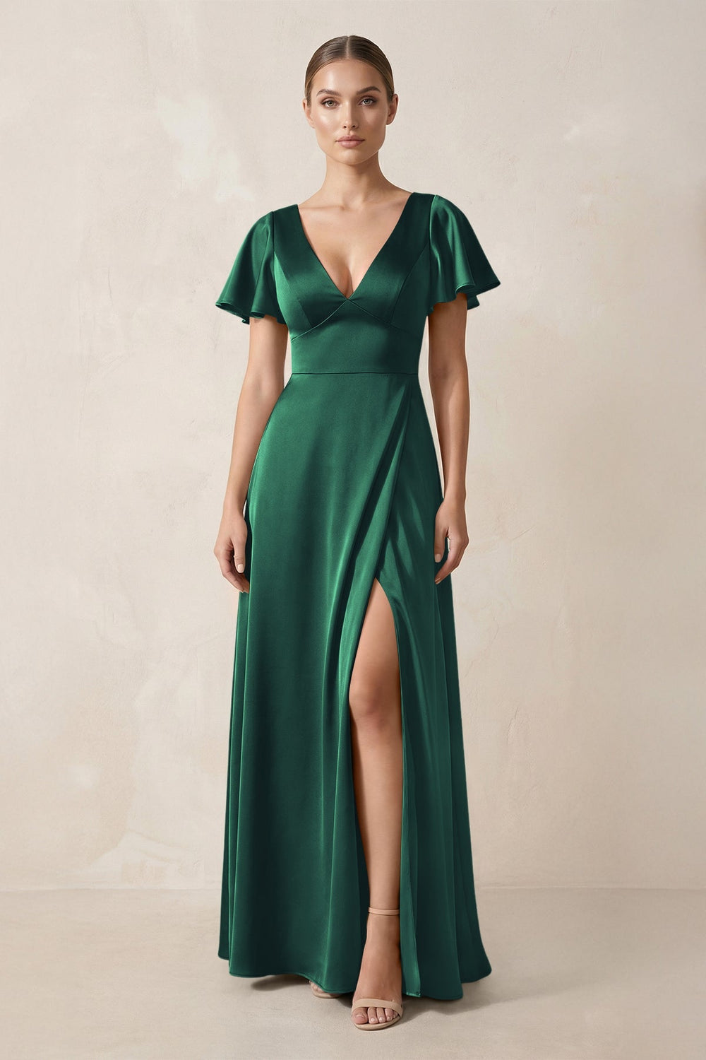 Short Sleeve V-Neck A-Line Satin Bridesmaid Dress With Slit in Dark Green