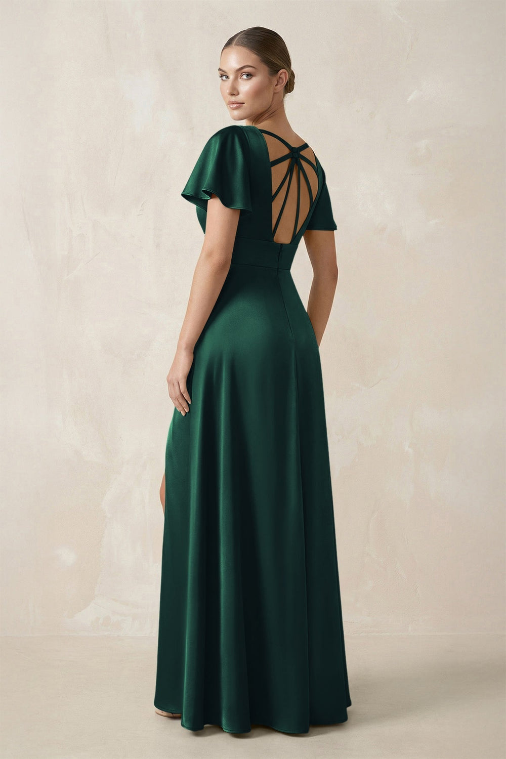Short Sleeve V-Neck A-Line Satin Bridesmaid Dress With Slit in Dark Green