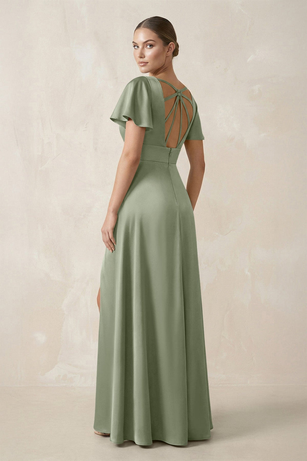 Short Sleeve V-Neck A-Line Satin Bridesmaid Dress With Slit in Dove Gray