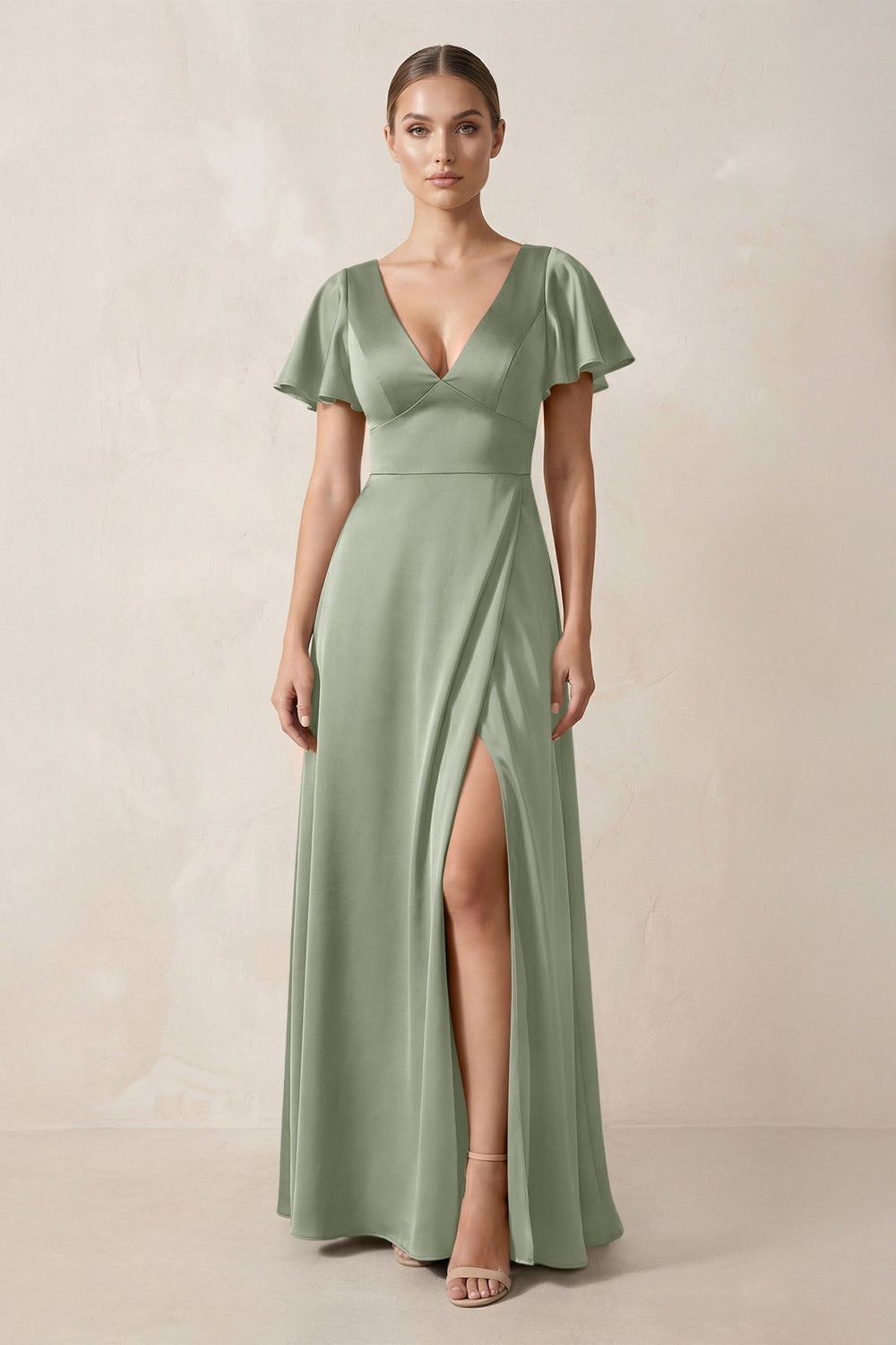 Short Sleeve V-Neck A-Line Satin Bridesmaid Dress With Slit in Dove Gray